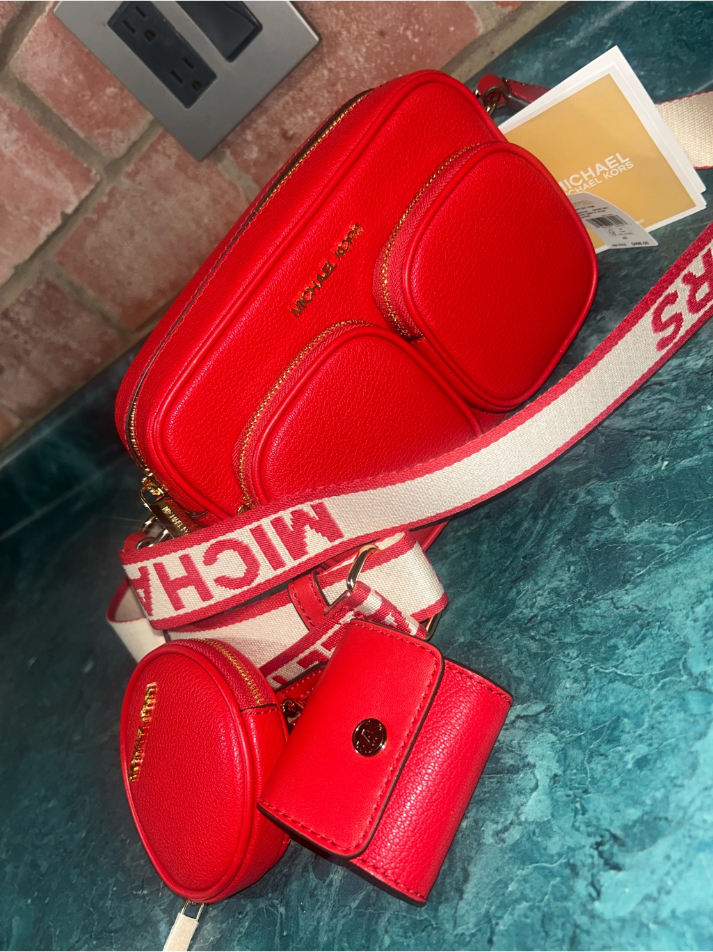 Michael Kors Red Pebbled Leather Crossbody Set With Branded Strap